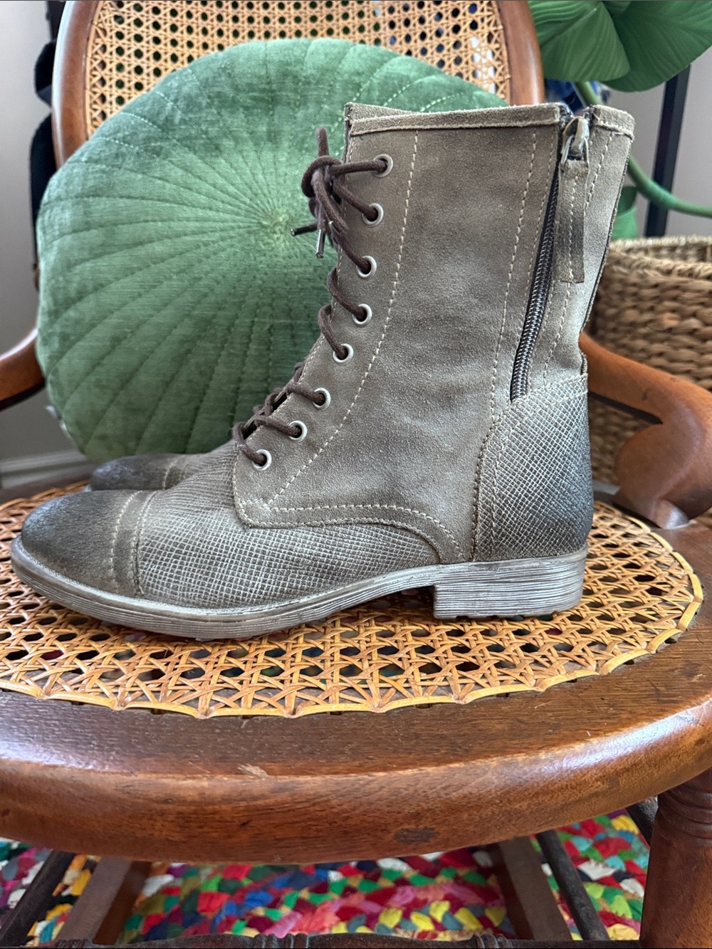 ROAN Affair P Taupe Suede Leather Lace Up Side Zip Military Granny Grunge Boots